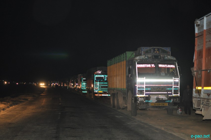 Goods Trucks line up at Keithelmanbi (Imphal-Jiribam Road) due to Economic Blockade on 31st Jan 2017