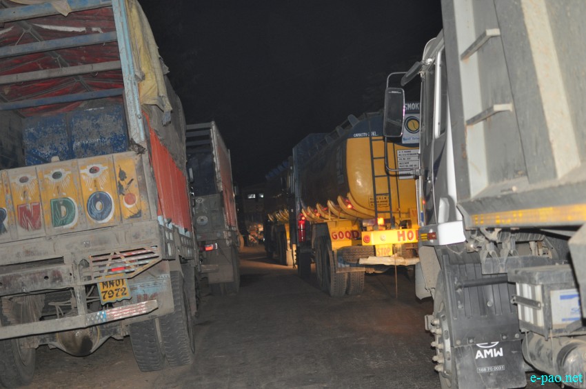 Trucks lined up due to Economic Blockade by UNC at Keithelmanbi (Imphal-Jiribam Road) on 31st Jan 2017 