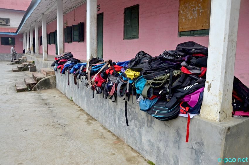 School bags from Students appearing for Class XII Exam at Imphal on 22 February 2016