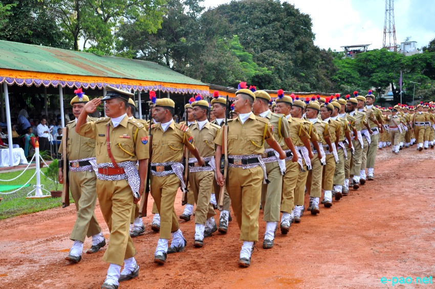 Policemen parade at Independence Day function at 1st MR Parade Ground, Imphal on 15 August 2013