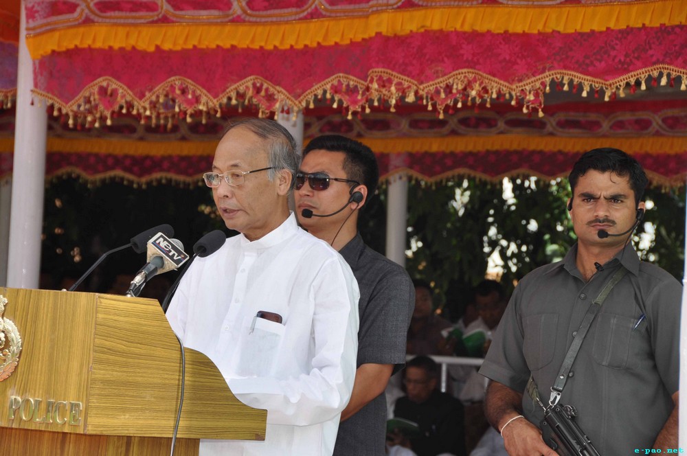 CM delivering a speech at Independence Day 2013 at 1st MR Parade Ground, Imphal on August 15 2013