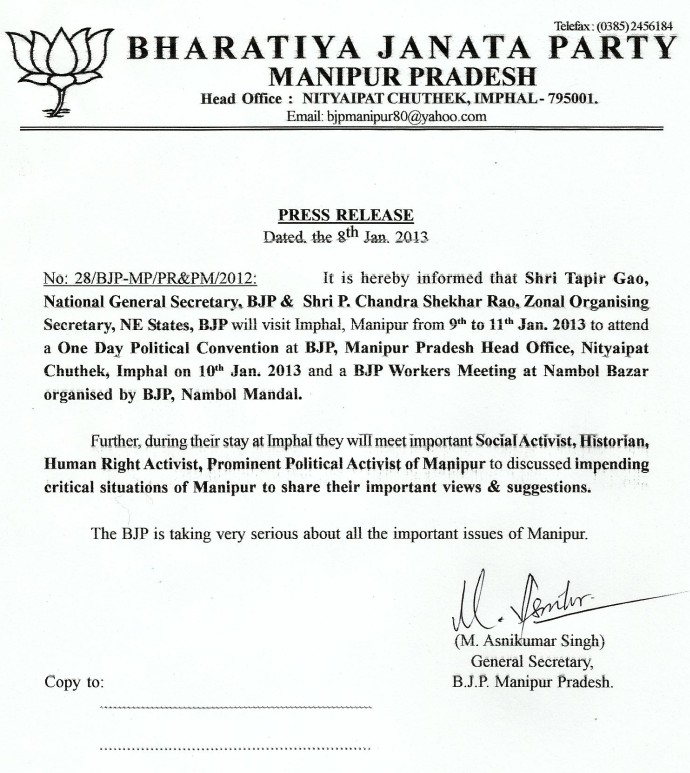 BJP leaders to visit Imphal for Political Convention