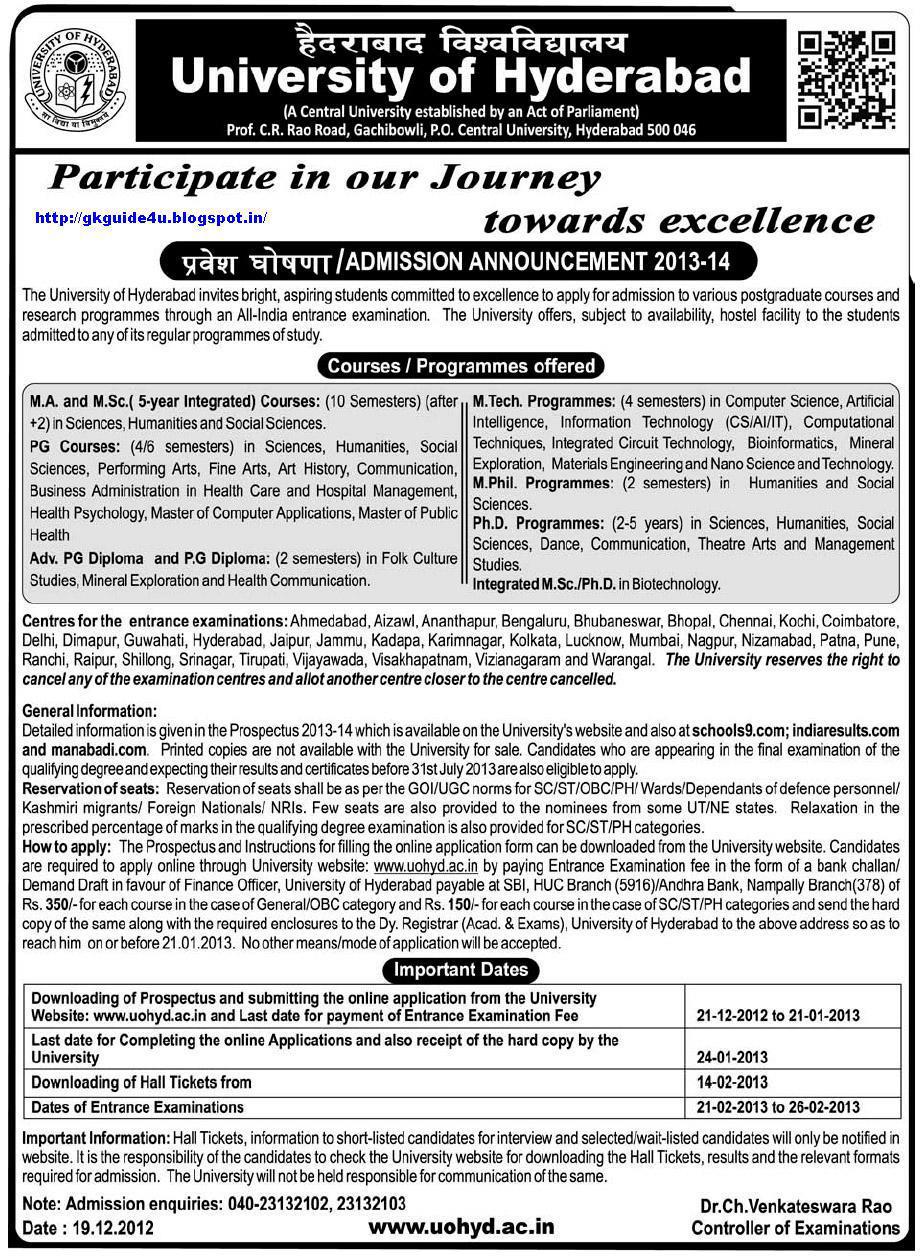 Admission to MA / MPhil and PhD 2013 at University of Hyderabad
