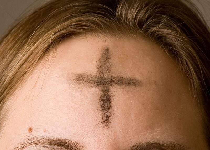 Ashes imposed on the forehead of a Christian on Ash Wednesday.
