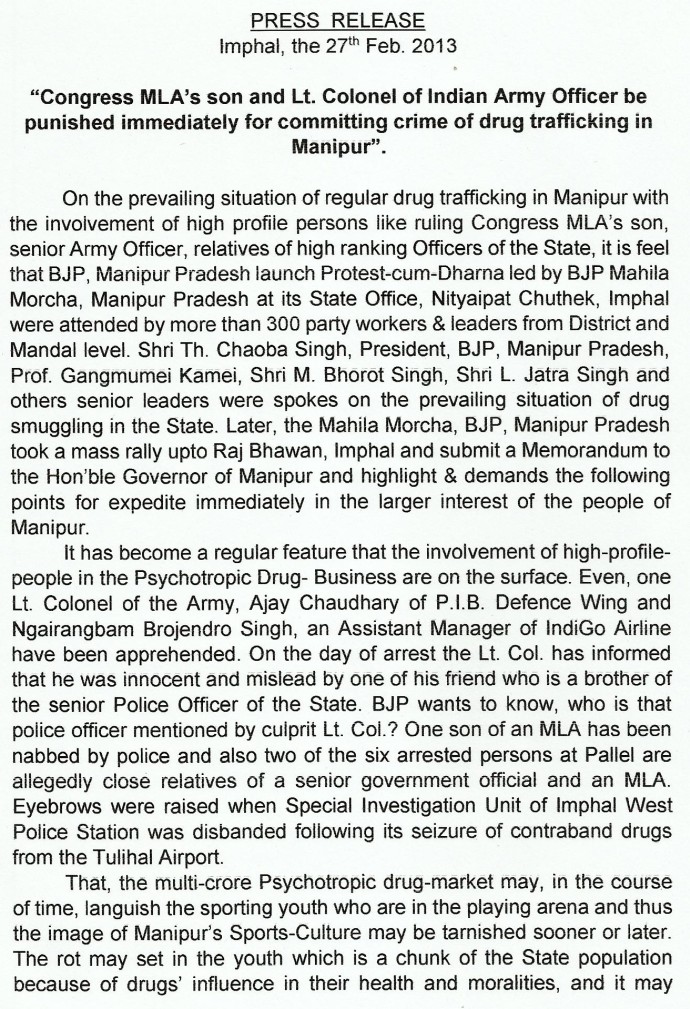 >BJP Manipur Dharna 'MLA's son and Lt. Colonel of Indian Army be punished immediately'