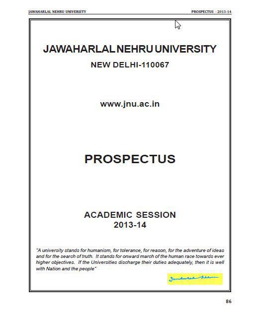 JNU Admission Notification for 2013-14 and Prospectus