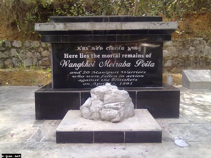 The Memorial Tombstone (the white stone in front is the exact stone on which Wangkhei Meiraba fell when hit with bullets)