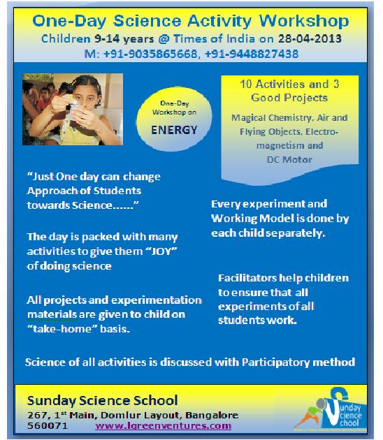 One Day Science Activity Workshop at Bangalore