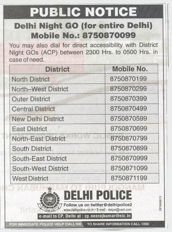 Mobile Number for Night for Delhi GO from Delhi Police