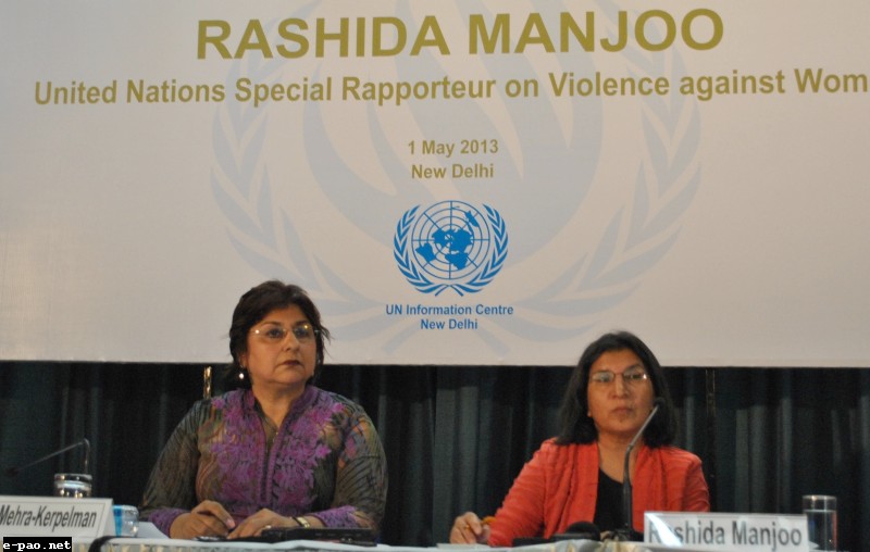 UN Special Rapporteur on violence against women, its causes and consequences, Ms. Rashida Manjoo at Delhi on May 1 2013