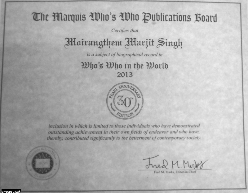 Moirangthem Marjit listed in the Marquis Who's who in the World 2013