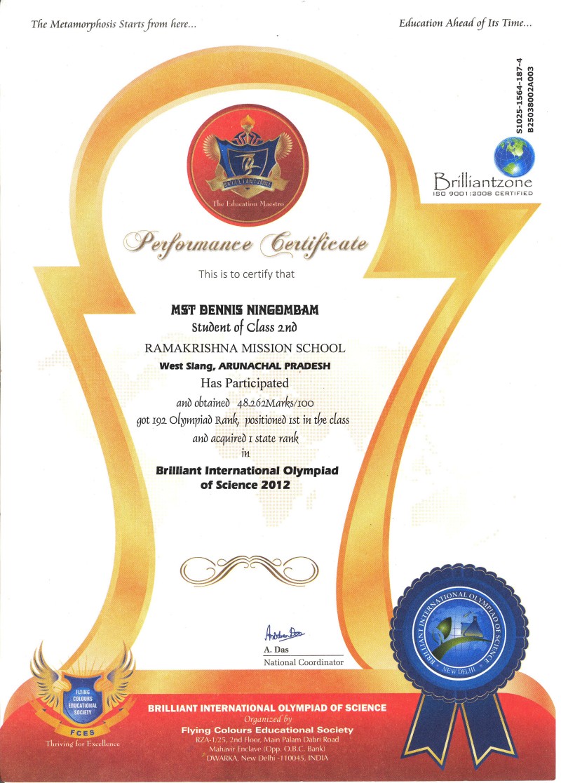 Dennis Ningombam topped in Brilliant International Olympiad of Science 2012 for Arunachal Pradesh