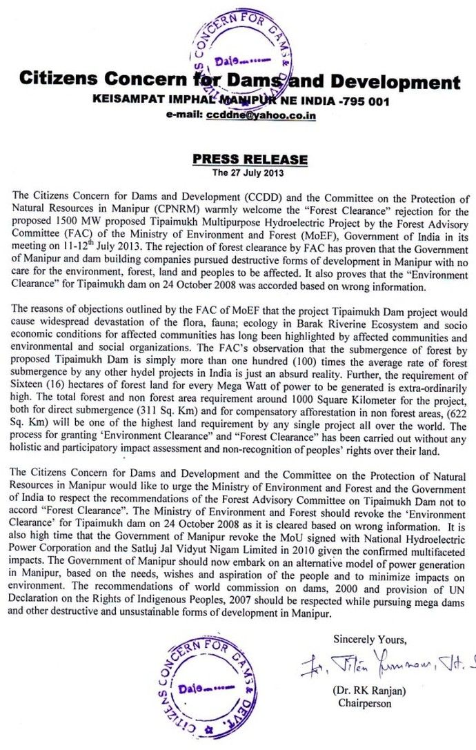 Tipaimukh Dam forest clearance rejection by the Forest Advisory Committee, Government of India