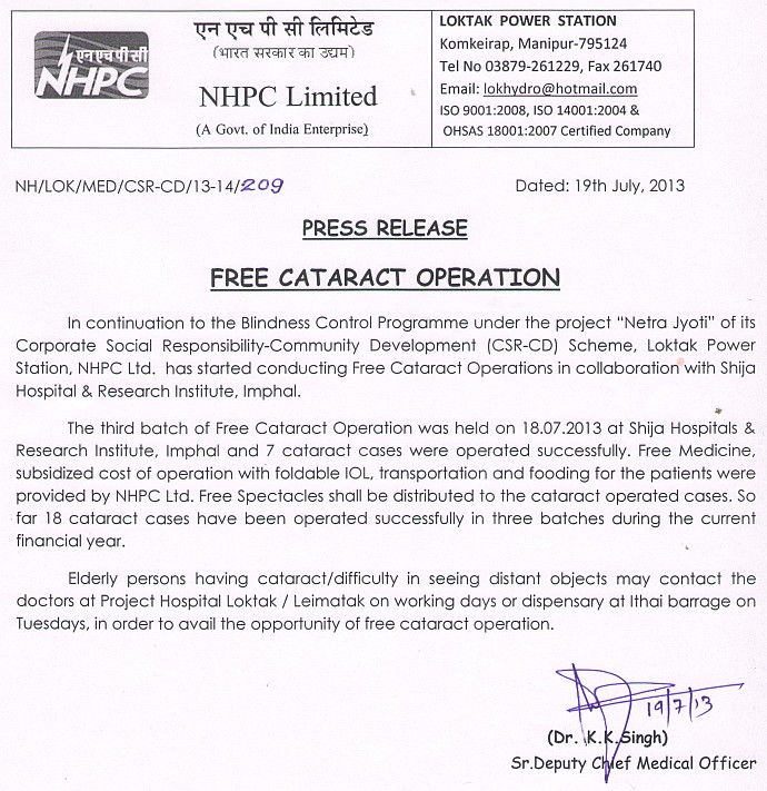 Free Cataract Operation (3rd batch) by Loktak Power Station