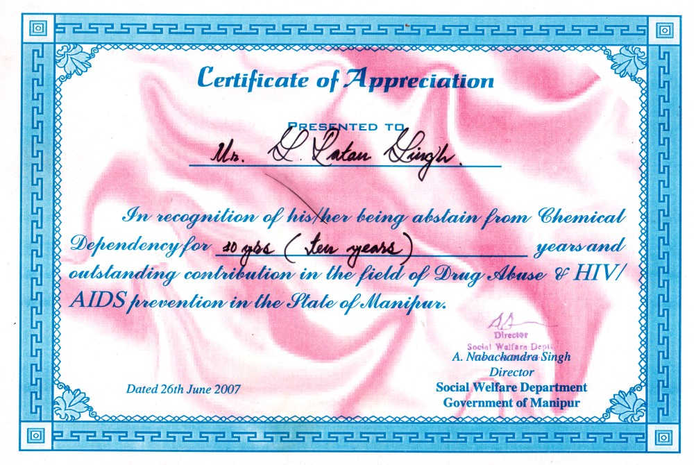 A certificate of appreciation to Soram Ratan from Social Welfare Department, Manipur