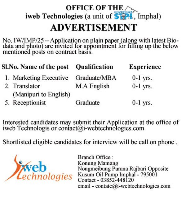 Jobs at iweb technologies, Imphal