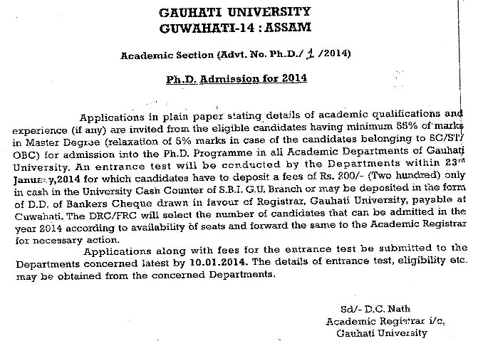 Notification of Ph.D admission for 2014 at Gauhati University
