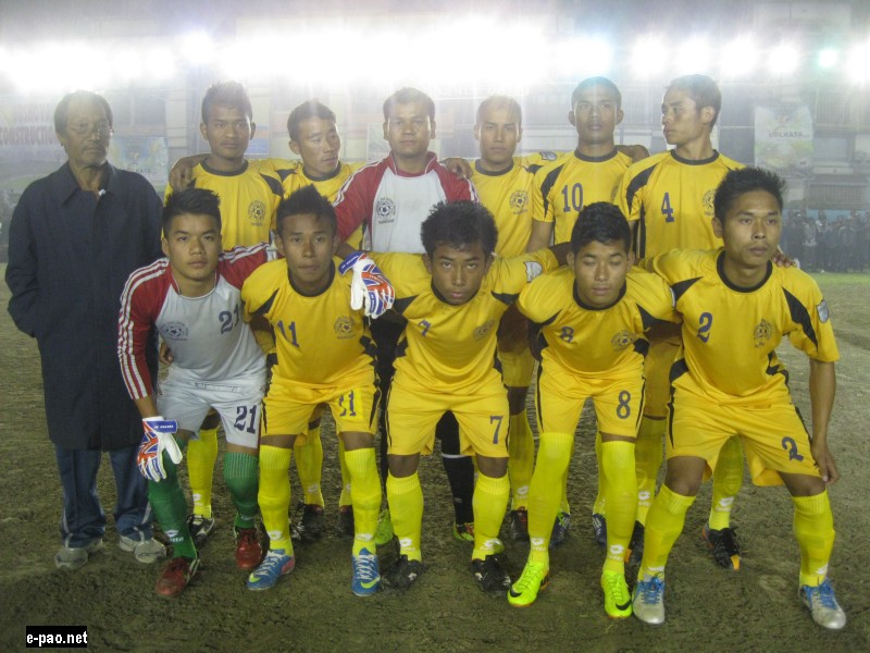   Birachandra Football Academy players with their coach prior to their match against Indian Cultural League 