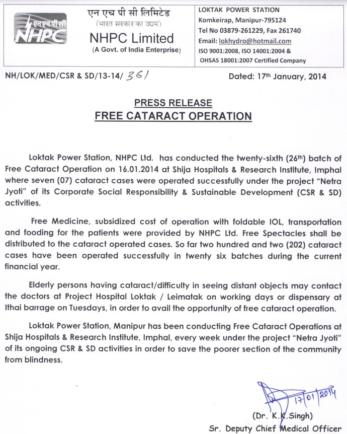 Free Cataract Operation (26th batch) at SHRI, Imphal by Loktak Power Station