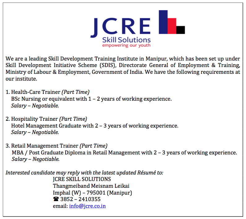 Job Requirement at JCRE Skill Solutions, Imphal