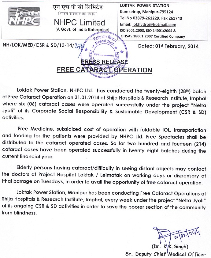 Free Cataract Operation (28th batch) at SHRI, Imphal by Loktak Power Station