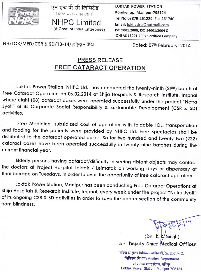 Free Cataract Operation (29th batch) at SHRI, Imphal by Loktak Power Station