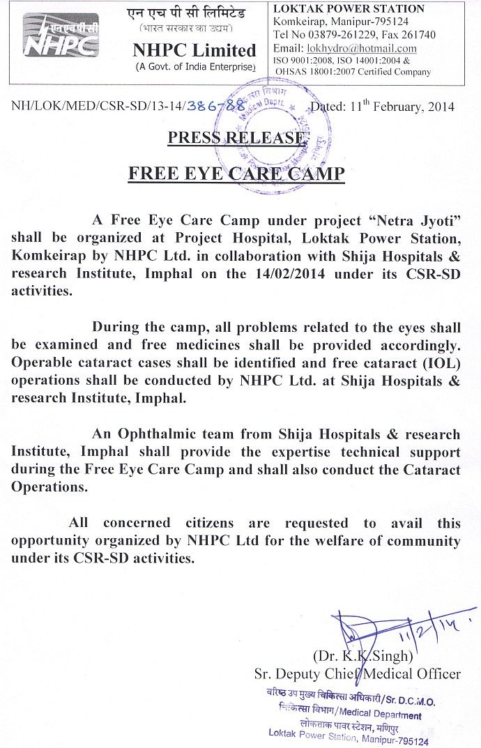 Free Eye Care Camp at Project Hospital, Loktak Power Station, Komkeirap 
