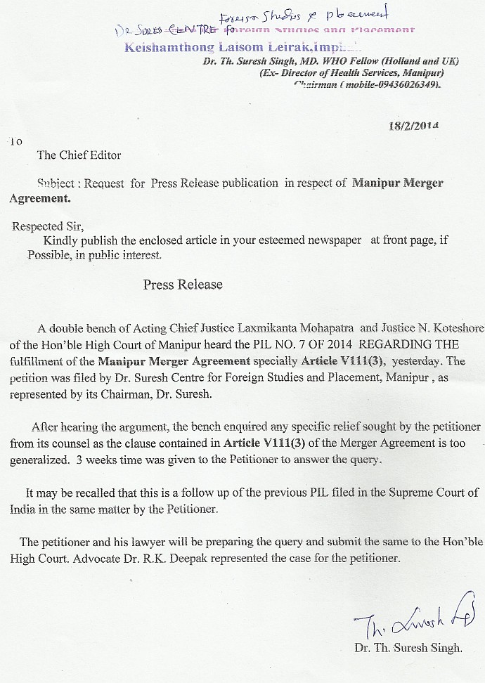 Public Interest Litigation (PIL) on Manipur Merger Agreement at High Court of Manipur