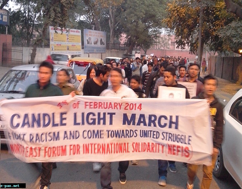 Candle light vigil and protest meeting against racism in Delhi at DU Metro Station
