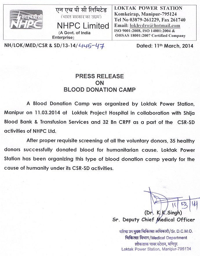 Blood Donation Camp at Loktak Project Hospital