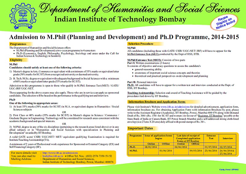 Admission to M. Phil- PhD programmes - Planning and Development 2014-15, IIT, Bombay