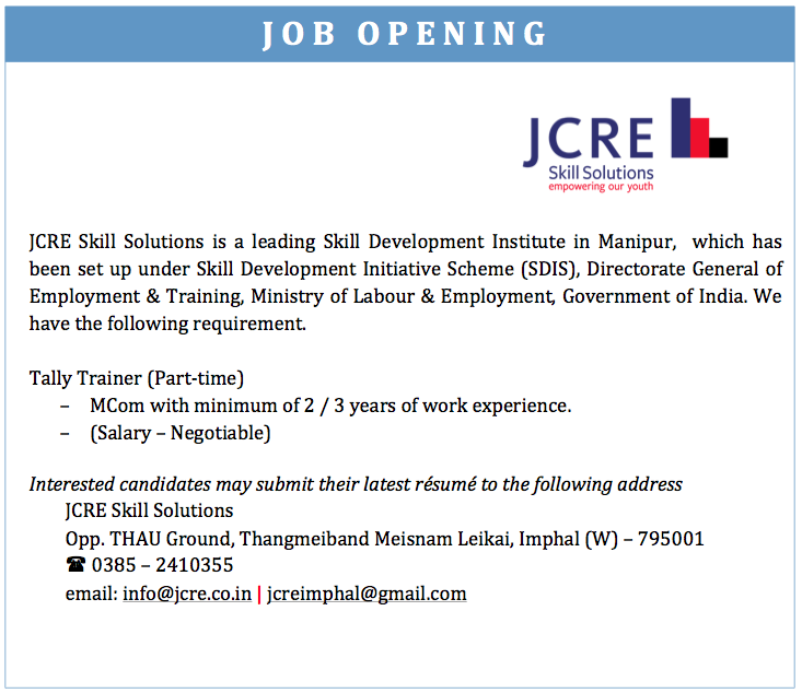 Tally Trainer - Job Requirement at JCRE Skill Solutions, Imphal