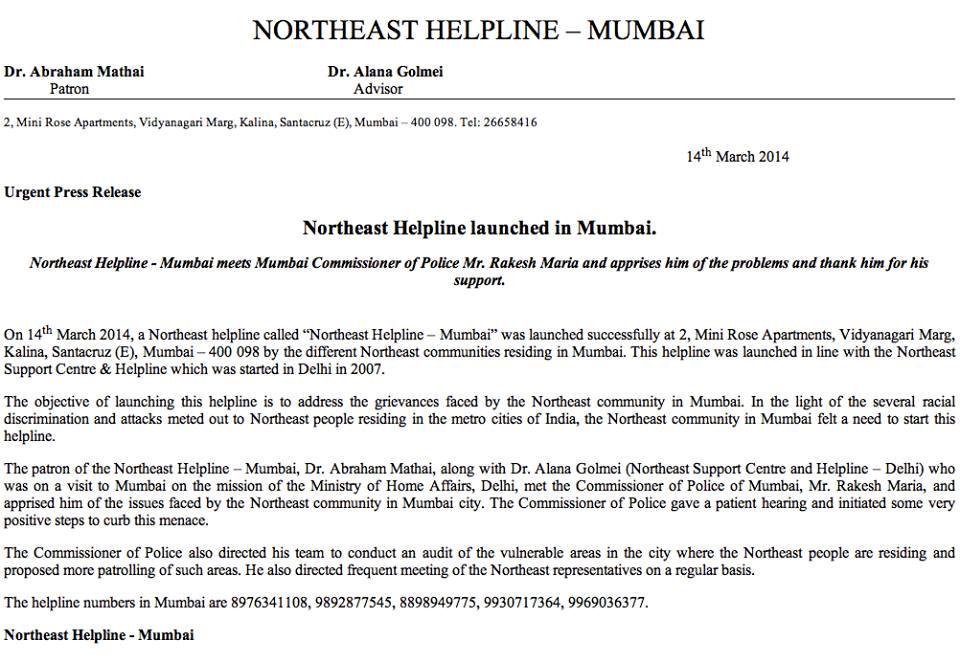 Northeast Helpline-Mumbai  