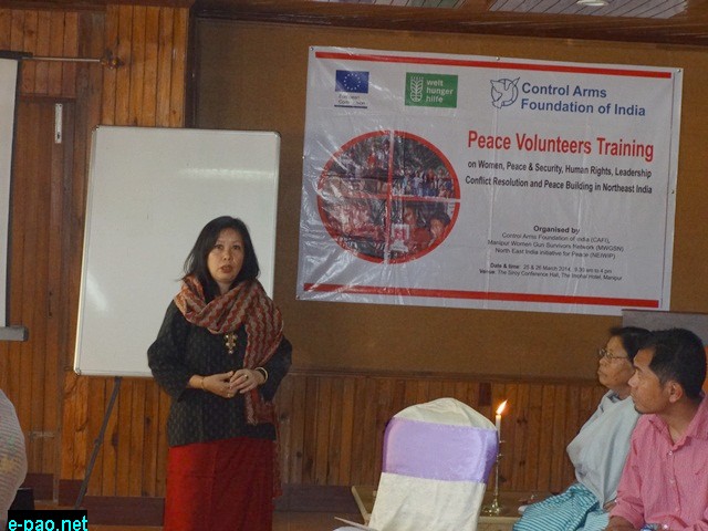 Ms. Hazarimayum Jubita, Executive Director of Gender and Development Initiative and Convener of Peace Core Team, Manipur presenting at 25-26 March 2014 Peace Volunteer Training Workshop in Manipur