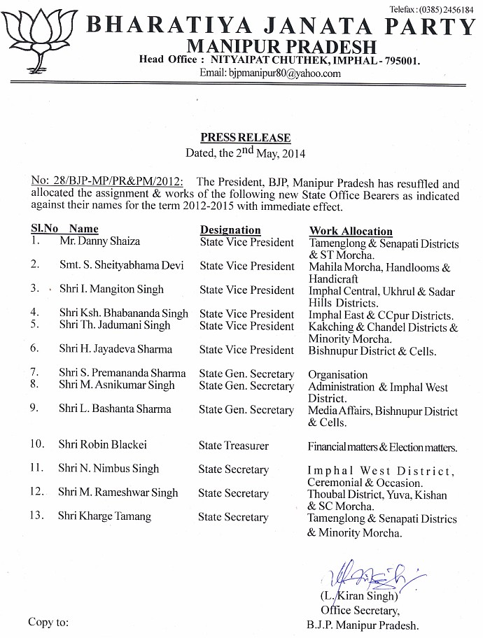 BJP Manipur announces new Office Bearers