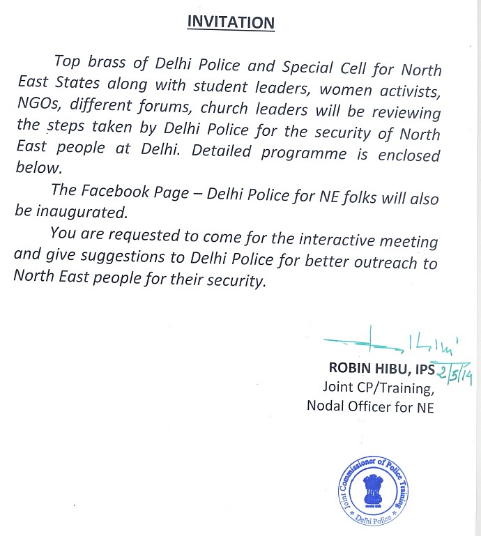 Invitation for Review of safety of North East people with top Brass of Delhi Police