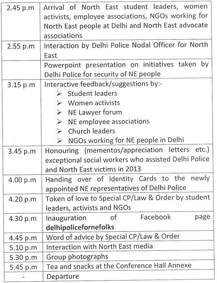 Invitation for Review of safety of North East people with top Brass of Delhi Police