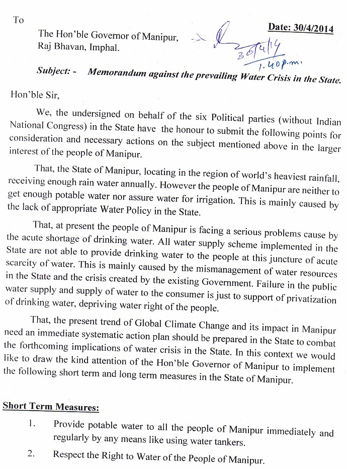 Memorandum against prevailing Water Crisis in Manipur by 6 Political Parties