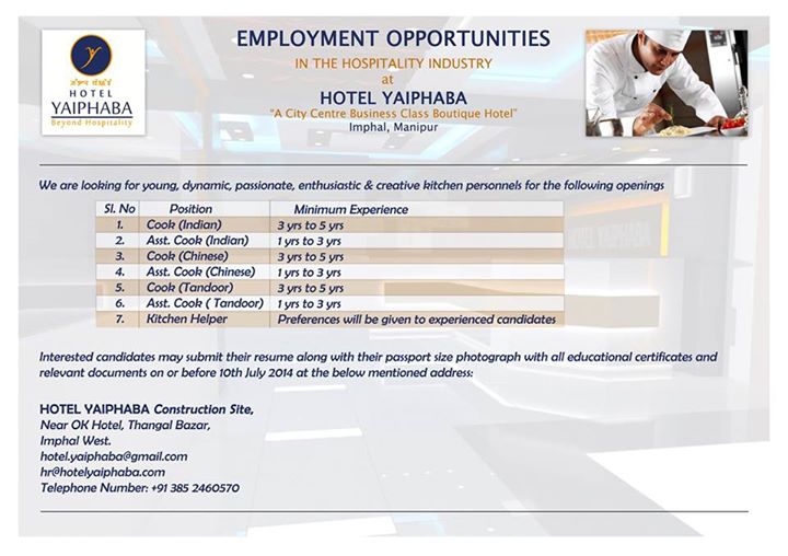 Employement opportunities at Hotel Yaiphaba , Imphal