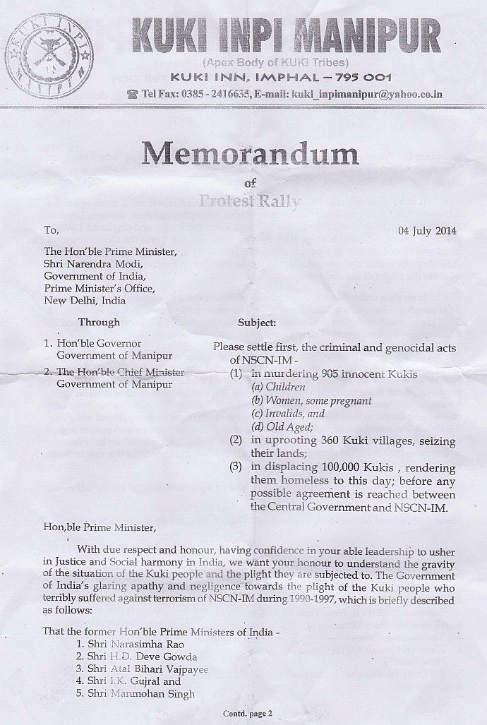 Memorandum to Prime Minister of India from KIM (Kuki Inpi Manipur) 