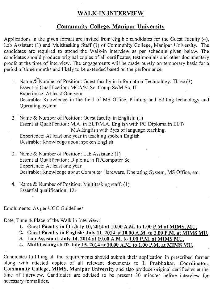 Walk In Interview Teaching And Non Teaching Faculty, Manipur University