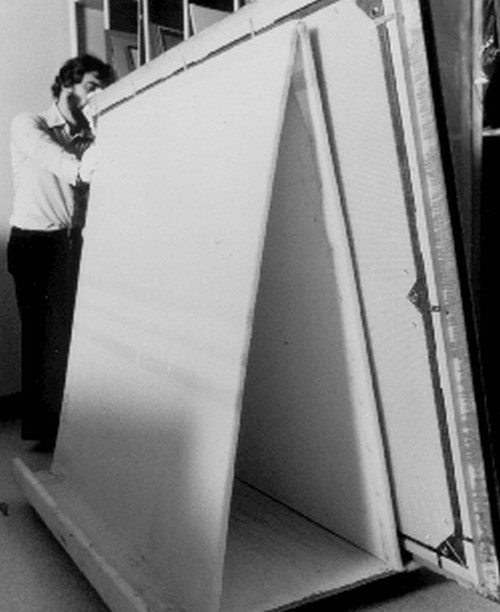 Figure 2. Large or heavy paintings should be moved with the assistance of folding handles or nylon webbing straps secured to the reverse of the frame. When appropriate, use a trolley. Tall paintings will be more difficult to handle, as they tend to topple.