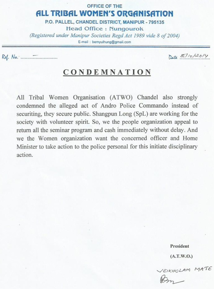 Condemn Andro Police Commando : Rural Upliftment Federation (RUF)  and All Tribal Women Organization (ATWO)