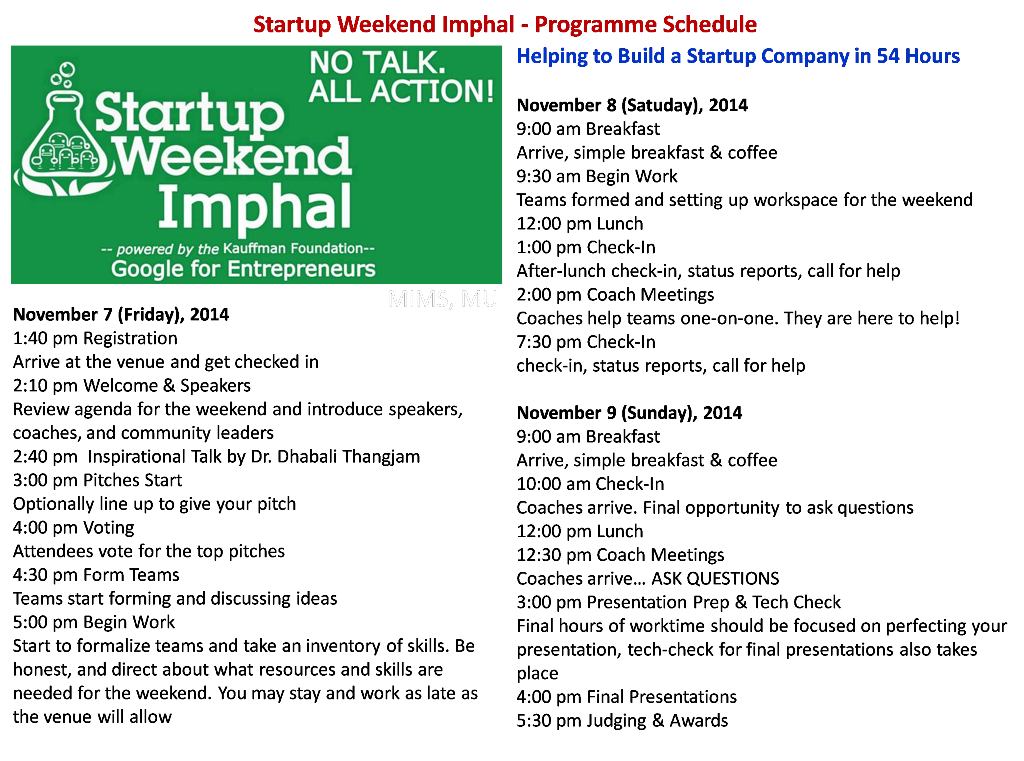 Startup Weekend Imphal Schedule