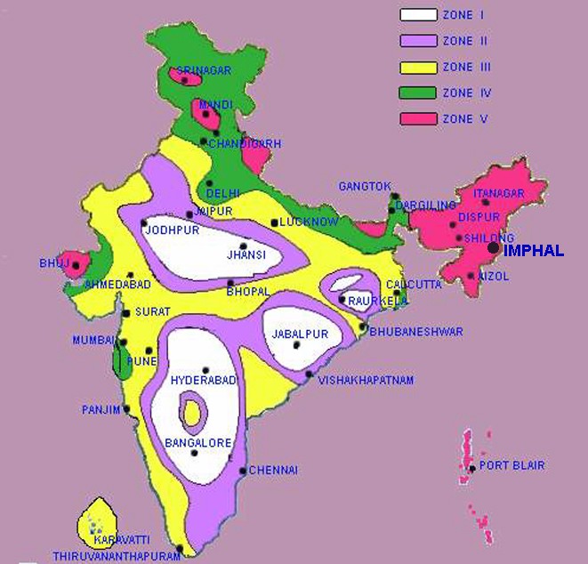 Seismic Map of India showing the seismically active zones of Northeastern Indian Region, which is included in Zone V. 