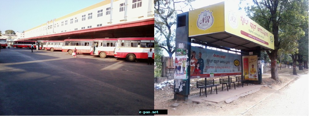  A KSRTC bus stand, designated bus stop, ultra comfort Volvo bus and ultra deluxe bus in Mysore.