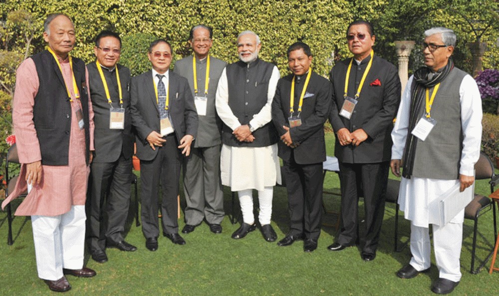Prime Minister Narendra Modi with the chief ministers of Northeast states ahead of the first meeting of the governing council of Niti Aayog in New Delhi on Sunday