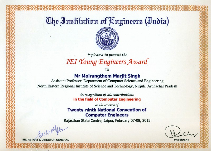 Prof. Moirangthem Marjit awarded IEI Young Engineers Award 2014-2015 in Computer Engineering Discipline