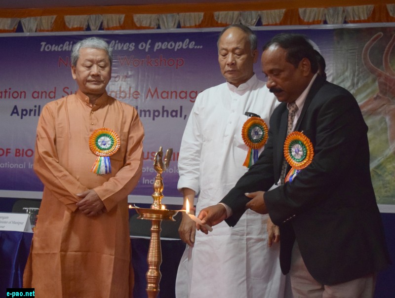Okram Ibobi Singh,  Chief Minister of Manipur, Shri Gaikhangam, Deputy Chief Minister of Manipur and Prof. Dinabandhu Sahoo, Director, IBSD, Imphal lighting the lamp during the inaugural function of national workshop on 'Conservation and Sustainable Management of Sangai' held   at IBSD, Imphal 