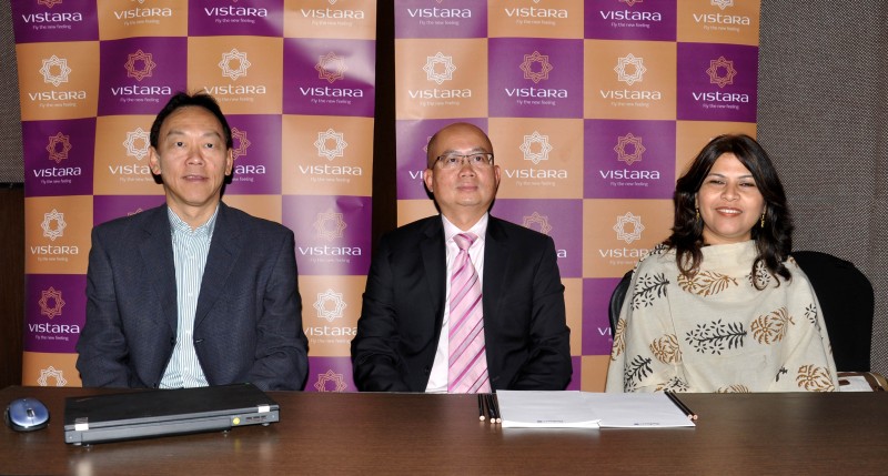 Phee Teik Yeoh CEO and Mr. Giam Ming Toh, CCO of Vistara while addressing the media at Hotel Radisson Blu in Guwahati on April 2 2015